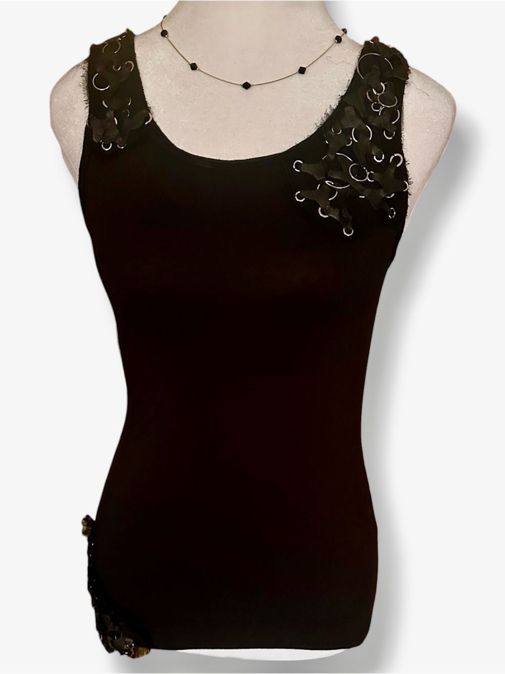 Black Sleeveless Tank Top with Ring-Detail Accents